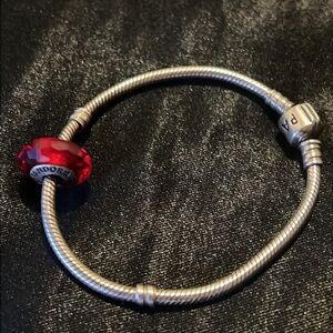 PANDORA Bracelet Red Faceted Murano Glass Charm 925 Sterling Silver Authentic